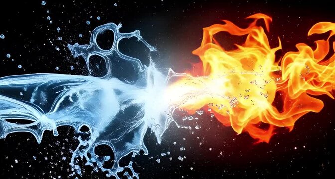 A captivating clash of elements fire and water collide in a dynamic display of contrasting forces, showcasing natures power animated 4k video