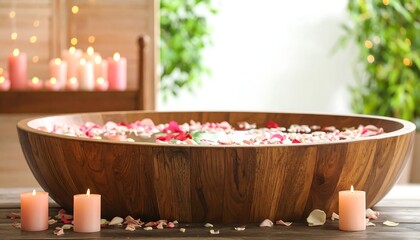 Wooden tub filled with rose petals