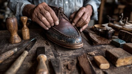 Cobbler's Hands Crafting Leather Shoe with Traditional Tools