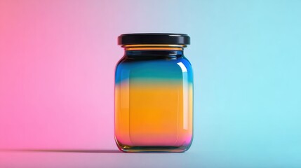 Jar with color transition on pastel backdrop, perfect for beauty products or DIY organization.