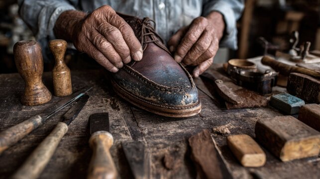 Cobbler's Hands Crafting Leather Shoe with Traditional Tools