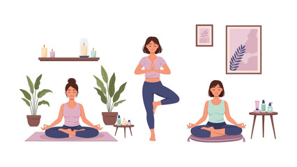Three diverse women practicing yoga and meditation in a bright airy room with plants and artwork on the walls