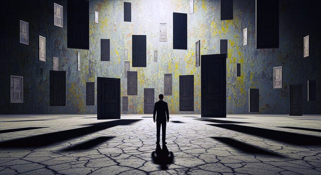  A man in a suit stands in a surreal room, facing countless floating doors that symbolize choices, opportunities, and an uncertain future.
