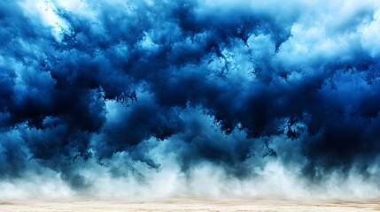 Dark blue storm clouds gather over a barren sandy landscape hinting at an impending weather event