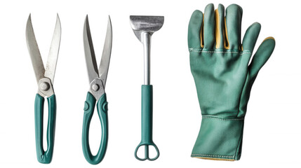 Gardening Tools: A close-up shot of essential gardening tools, including pruning shears, a hand rake, and a gardening glove, all arranged neatly to depict a hobby. 