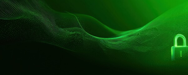 Abstract digital green waves with a lock graphic