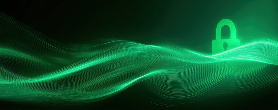 Abstract glowing green waves with a lock symbol