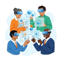 Diverse group of people experiencing virtual reality, interacting with digital interfaces and objects.