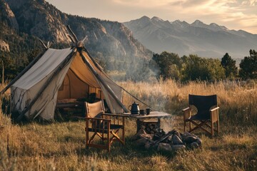 Naklejka premium Rustic camping scene in a meadow