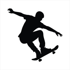 Silhouette of a skateboarder performing a trick against a white background