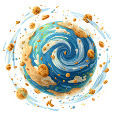 Whimsical planet made of cookies and swirls of frosting, floating in a blue atmosphere.