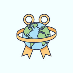 Global award icon. Earth with prize ribbon for excellence and success vector.