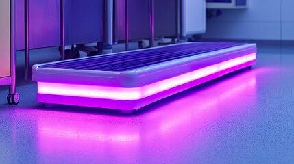 Automated robotic hospital cleaner UV light bar, glowing violet, subtle sterilization, clean floor.