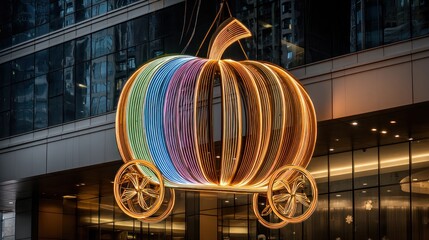 Illuminated pumpkin carriage sculpture against city backdrop