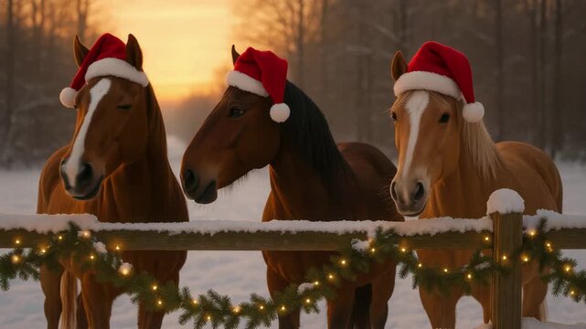 Three horses wearing red Santa hats stand by a wooden fence in a snowy landscape. The sun sets in the background, creating a warm glow.