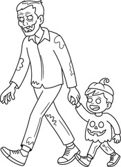 Obraz premium Zombie father and child trick or treating spooky halloween cartoon