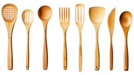 Rustic Utensils: A collection of handcrafted wooden utensils stands elegantly in a row, capturing the essence of culinary artistry, natural aesthetic, and the warmth of the kitchen. 