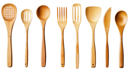 Rustic Utensils: A collection of handcrafted wooden utensils stands elegantly in a row, capturing the essence of culinary artistry, natural aesthetic, and the warmth of the kitchen. 