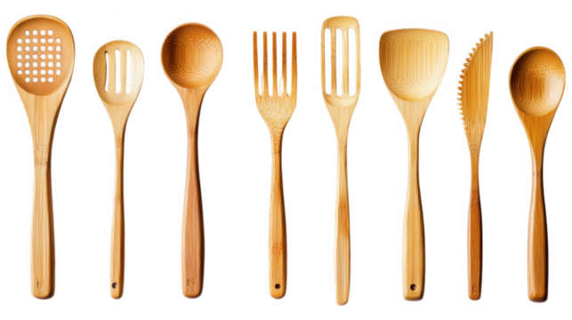Rustic Utensils: A collection of handcrafted wooden utensils stands elegantly in a row, capturing the essence of culinary artistry, natural aesthetic, and the warmth of the kitchen. 