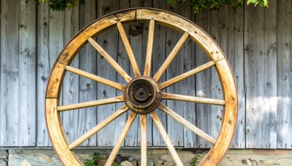 Wooden wagon wheel against weathered wood