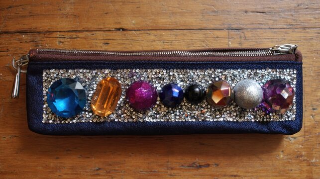 Zippered pencil case, adorned with colorful gems