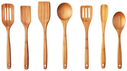 Artisan Kitchenware: An inviting assortment of hand-crafted, warm-toned wooden kitchen utensils arranged, ready for culinary artistry.