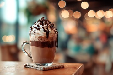 Mocha coffee topped with whipped cream and chocolate