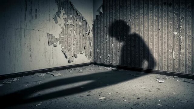 Creepy shadow of a monster slowly moving and transforming on a peeling wall in a dark abandoned room, horror concept footage.