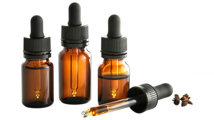 Aromatic Essence in Bottles: A compelling close-up captures a group of amber glass bottles, filled with a fragrant liquid, showcasing the essence of natural ingredients.