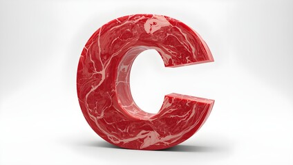 A three-dimensional letter C crafted from raw red meat, showcasing a realistic marbled texture. A culinary typography concept for butchery, protein, and the carnivore diet