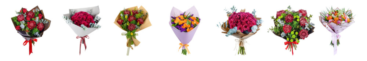 Elegant Gift Bouquets Featuring Red and Magenta Flowers in Decorative Wrapping