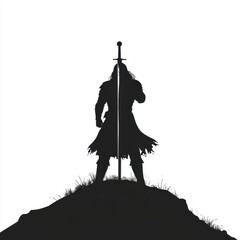 Silhouette of the Victorious Knight: A dramatic silhouette of a victorious knight, sword in hand, atop a rugged hill, embodying power, valor, and triumph.