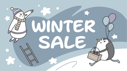 Cute winter animals celebrate a frosty winter sale event with festive decorations and snowflakes promoting seasonal discounts