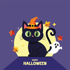 Halloween cat with ghost and autumn leaves