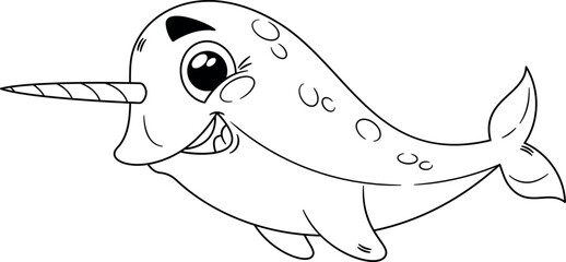 Narwhal marine character black-and-white vector illustration