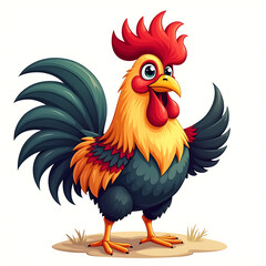 Fototapeta premium Cartoon Rooster with Red and Yellow Feathers 