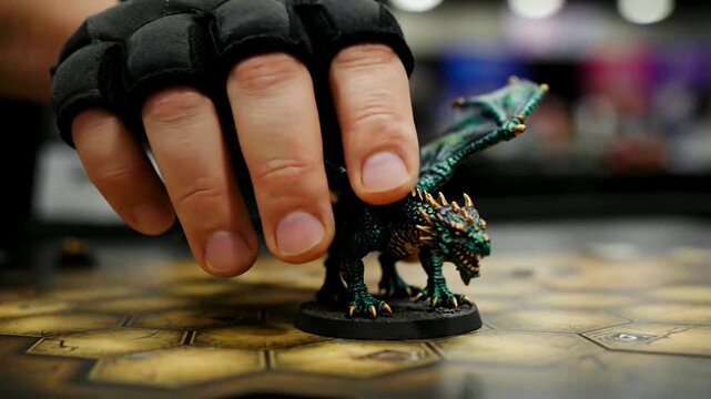 A person wearing a fingerless glove places a detailed dragon game piece on a board game highlighting a fantasy tabletop game