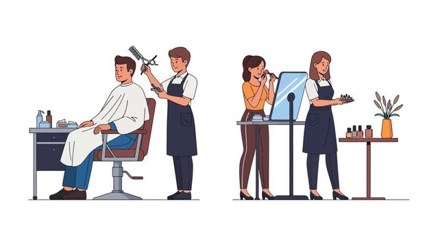 Salon and Makeup in Action: Witness the vibrant scene within a beauty salon, featuring a barber meticulously cutting a client's hair while makeup artists work on a model.