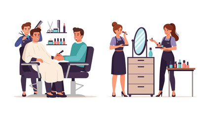 Beauty Parlor Scene: In a vibrant illustration, two men receive professional grooming services, while two women engage in a cosmetic application, with a mirror and accessories, within a beauty salon.