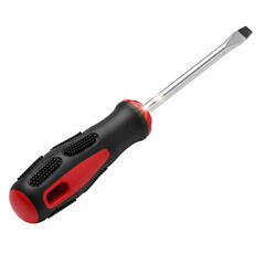 A close up shot of a flathead screwdriver with a red and black handle on transparent background