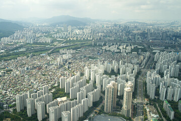 Aerial view of downtown Seoul on a sunny day. Seoul, South Korea 