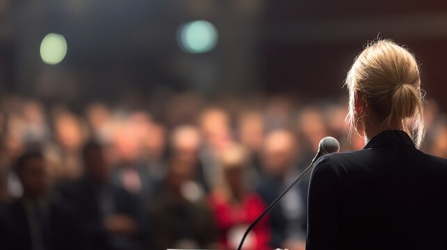 Professional woman delivering a speech at a business conference, conveying leadership and confidence.