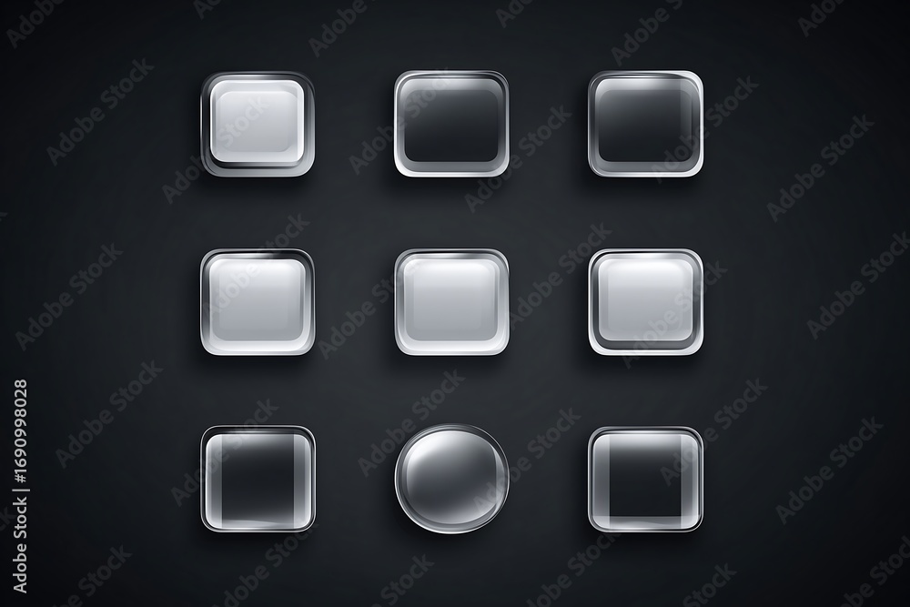 Wall mural glass square rectangular and round buttons on black background vector icons set gloss glass blank gl