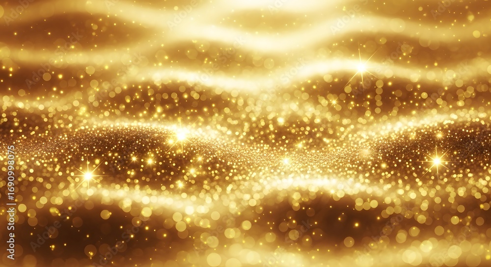 Poster golden glittery waves with bokeh effect, creating a luxurious and shimmering background.