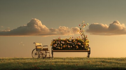 Floral bench and wheelchair, serene landscape
