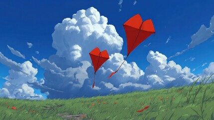 Red kites soar over grassy field, cloudy sky