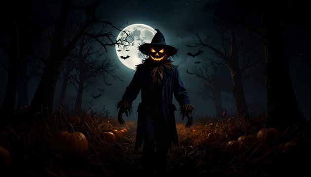 Halloween. Espantalho caminhando em uma floresta a noite cercado por ab&oacute;boras. Lua cheia 