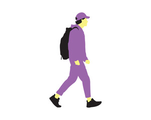 Fototapeta premium Flat illustration of a man walking with backpack, wearing cap and casual outfit, symbolizing travel, hike or daily commute
