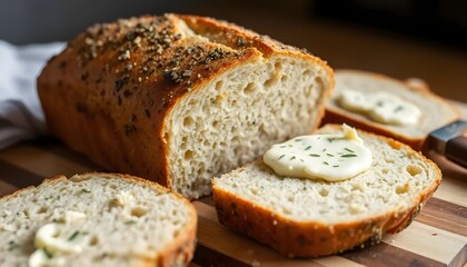 Naklejka premium Deliciously golden brown herb bread sliced and served with butter on a rustic wooden cutting board