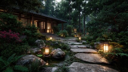Peaceful Asian garden at dusk